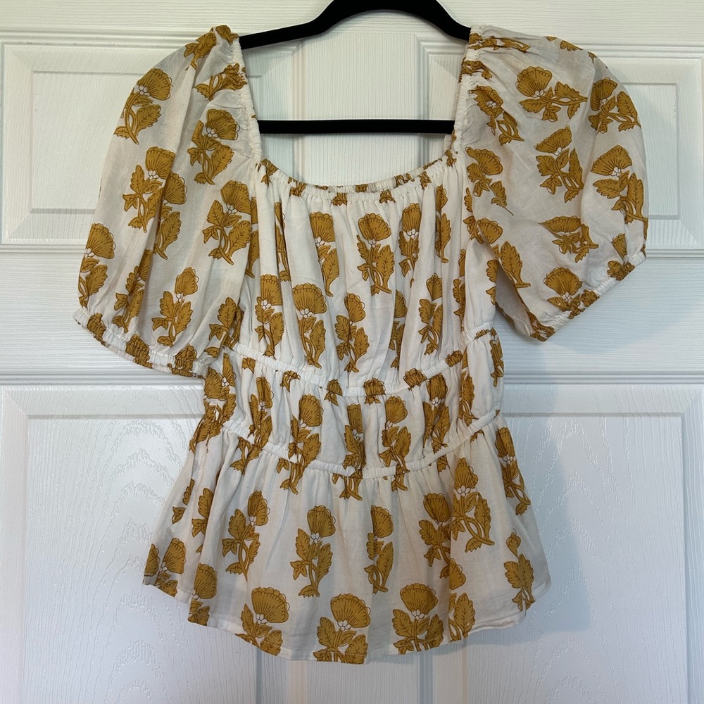 Women's White Peasant Top with Mustard Floral Print